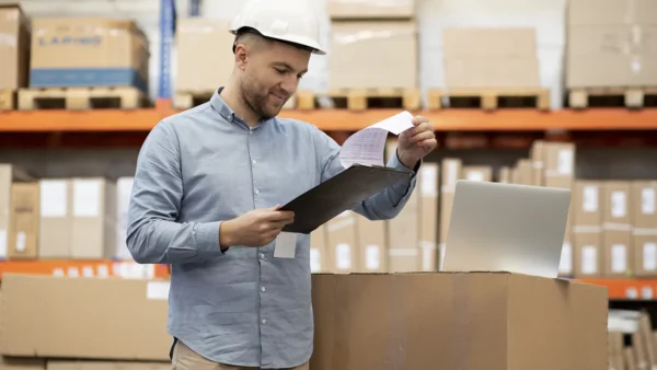 hombre revisando planilla en depósito rodeado de cajas